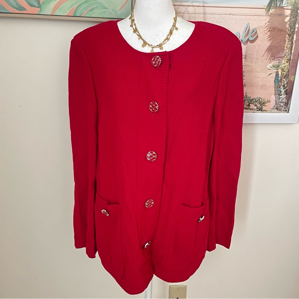 St. John Santana Knit Round Neck Cardigan Sweater in Red Size US 12